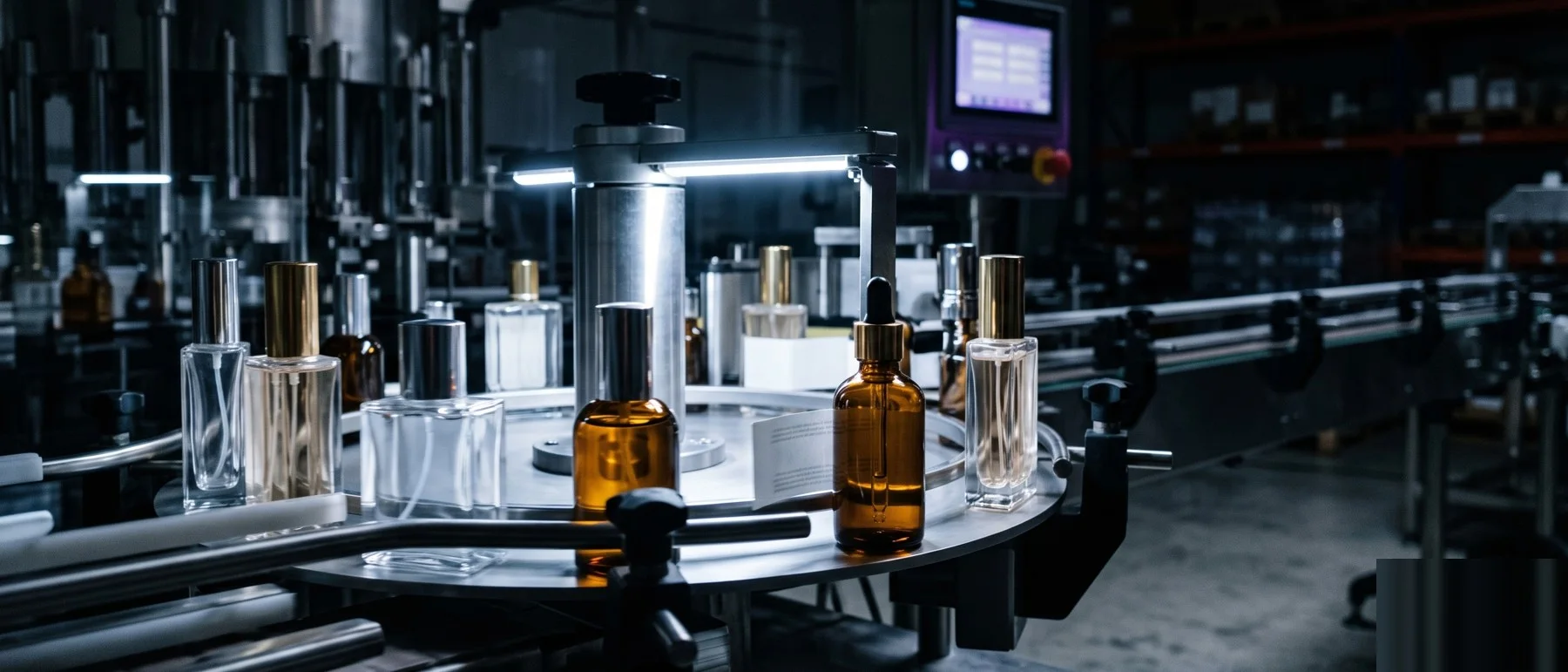 Glass perfume and serum bottles on a labelling carousel