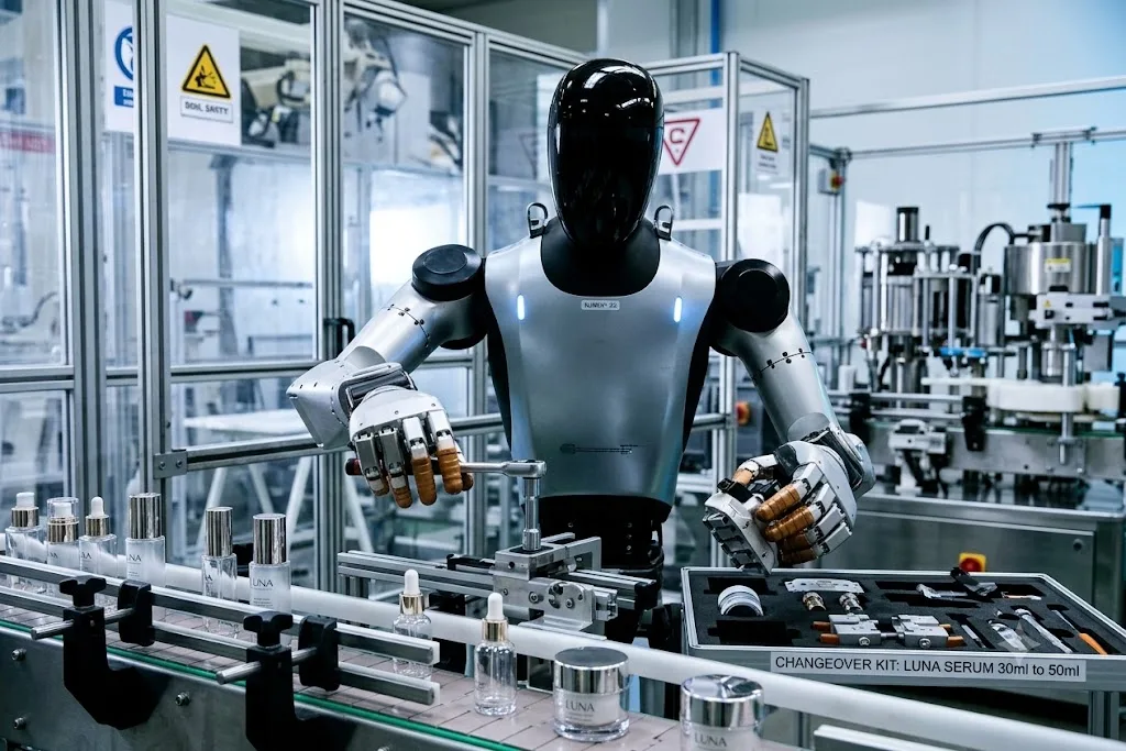 Humanoid robot performing a changeover on a cosmetics packaging line