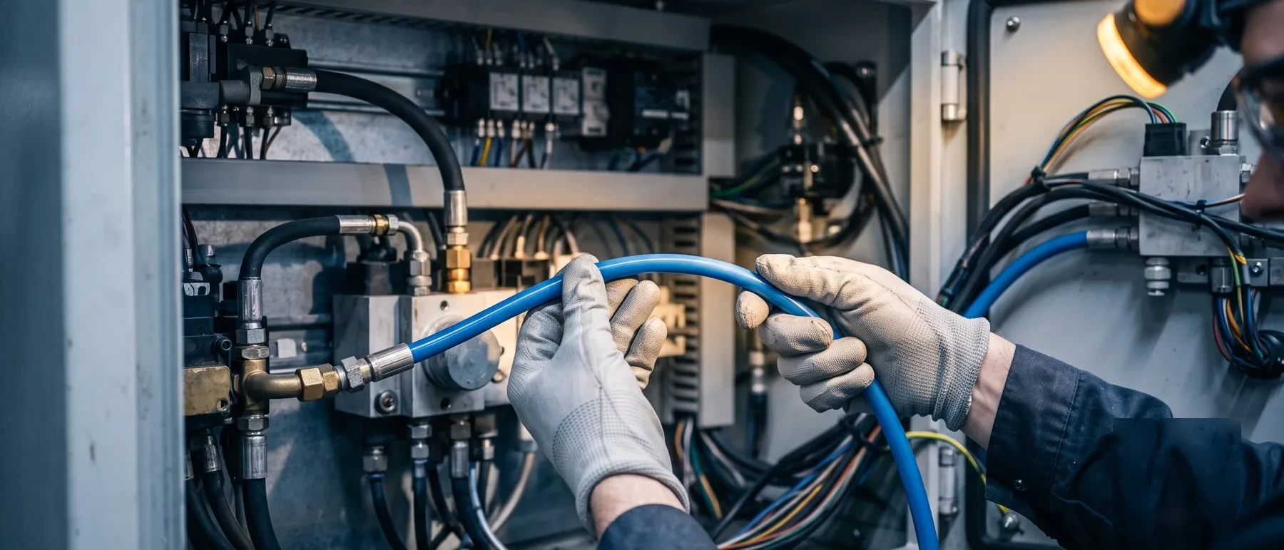 Technician inspecting pneumatic hoses inside a machine cabinet